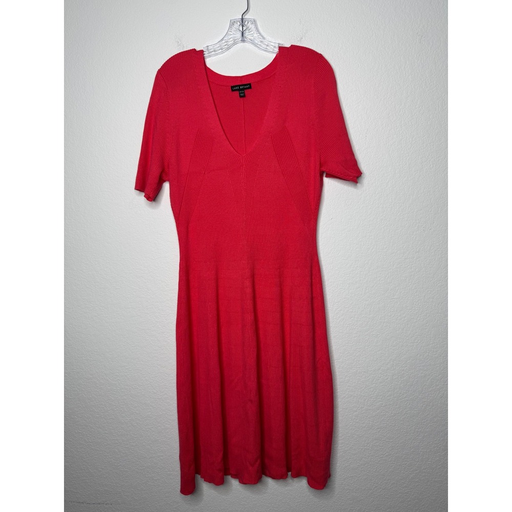 Lane Bryant Red Ribbed Fit and Flare V-Neck Sweater Dress 14/16 Short Sleeve
